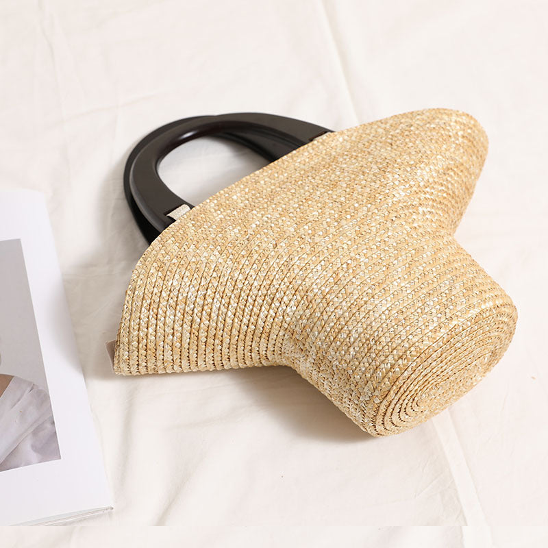 Wood Handle Straw Barrel Bag  Hat-Shape Woven Shoulder Handbag for Vacation Beach & Everyday Outfits