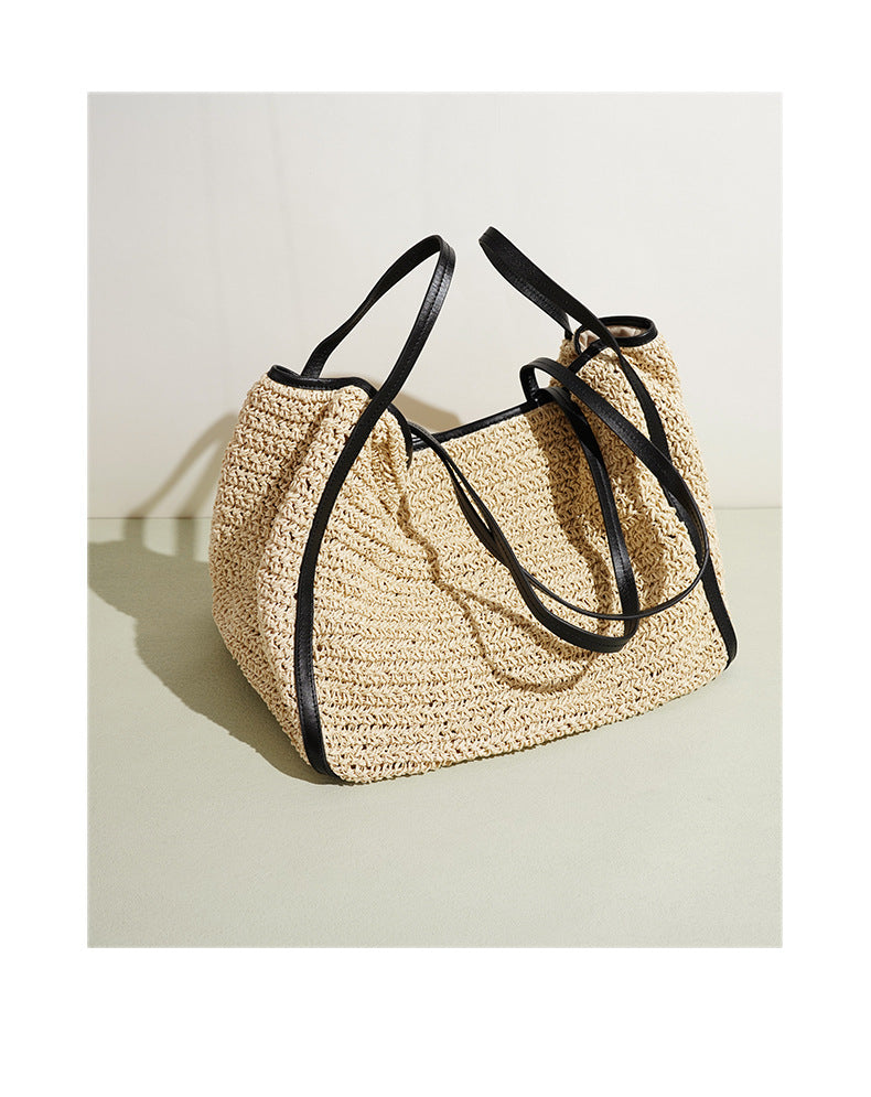 Leather Raffia Straw Tote Bag  Large Woven Shoulder & Crossbody Handbag with Lock Closure, Classic Everyday Work Bag