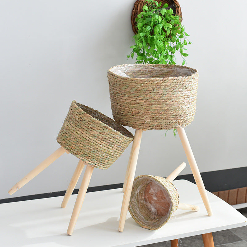 Woven Grass Planter Basket on Stand  Nordic Indoor Plant Holder for Living Room & Balcony