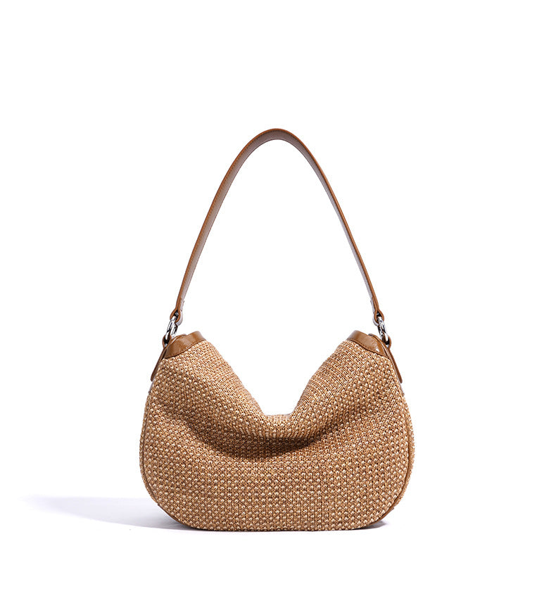 PP Straw Woven Hobo Shoulder Bag  Microfiber Leather Slouchy Crossbody, Medium Dumpling Shape Everyday Handbag