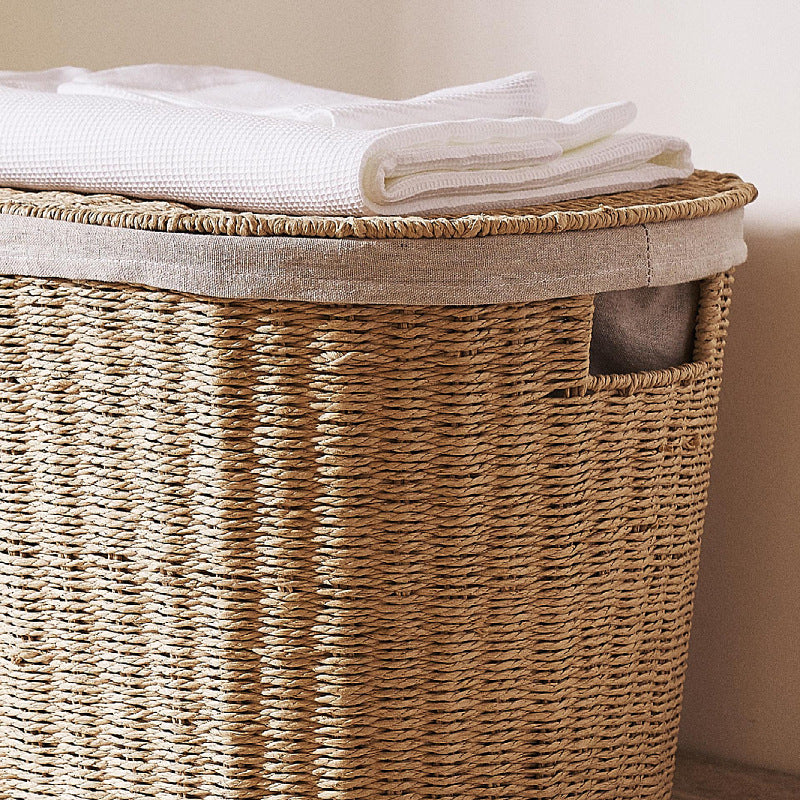 Handwoven Paper Rope Laundry Basket with Lid  Clothes Storage Bin, Bedroom Organizer, Dust-Proof & Moisture-Resistant Hamper (52×40×36cm)