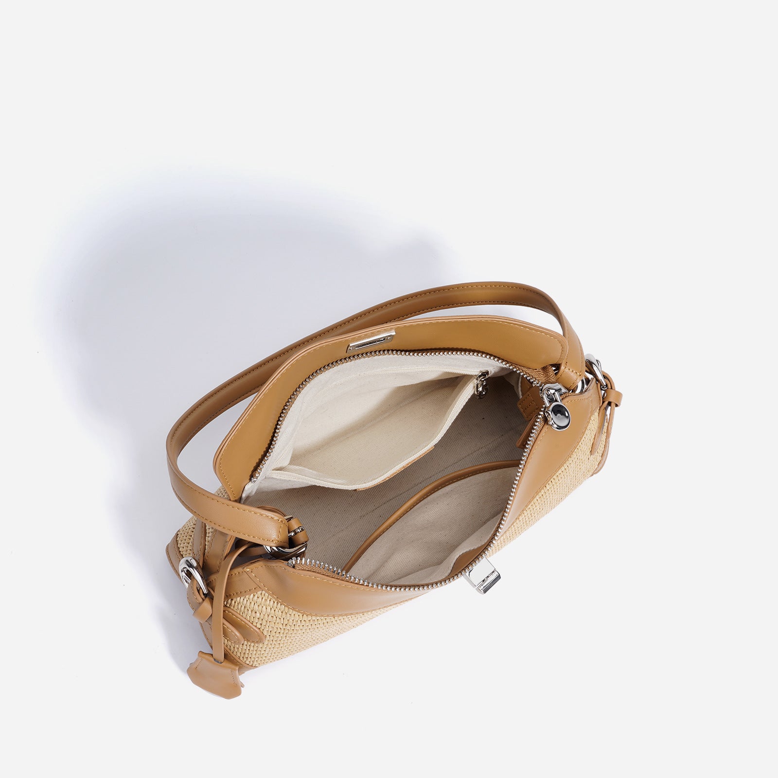 Leather & Straw Shoulder Bag  Soft Cowhide and Woven Underarm Crossbody, Medium Zipper Beach & City Tote