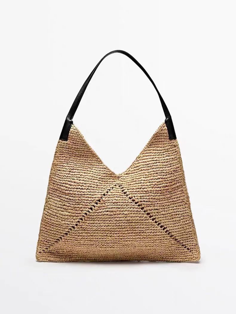 French Raffia Triangle Shoulder Bag  Large Capacity Straw Beach Tote