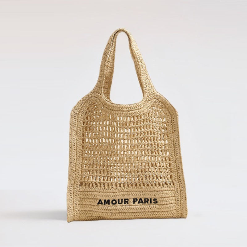 Hollow Out Straw Tote Bag Large Capacity Letter Embroidery Woven Beach Shoulder Bag