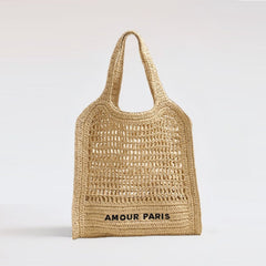 Hollow Out Straw Tote Bag Large Capacity Letter Embroidery Woven Beach Shoulder Bag