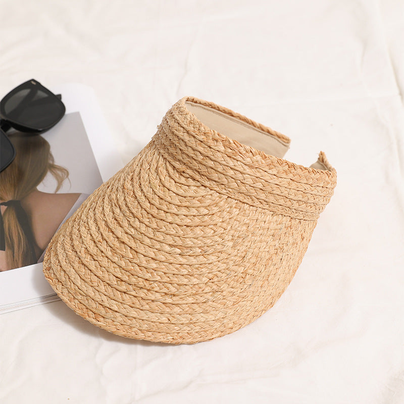 Raffia Open-Top Sun Visor Hat for Women, Wide Brim Straw Beach Vacation Hat