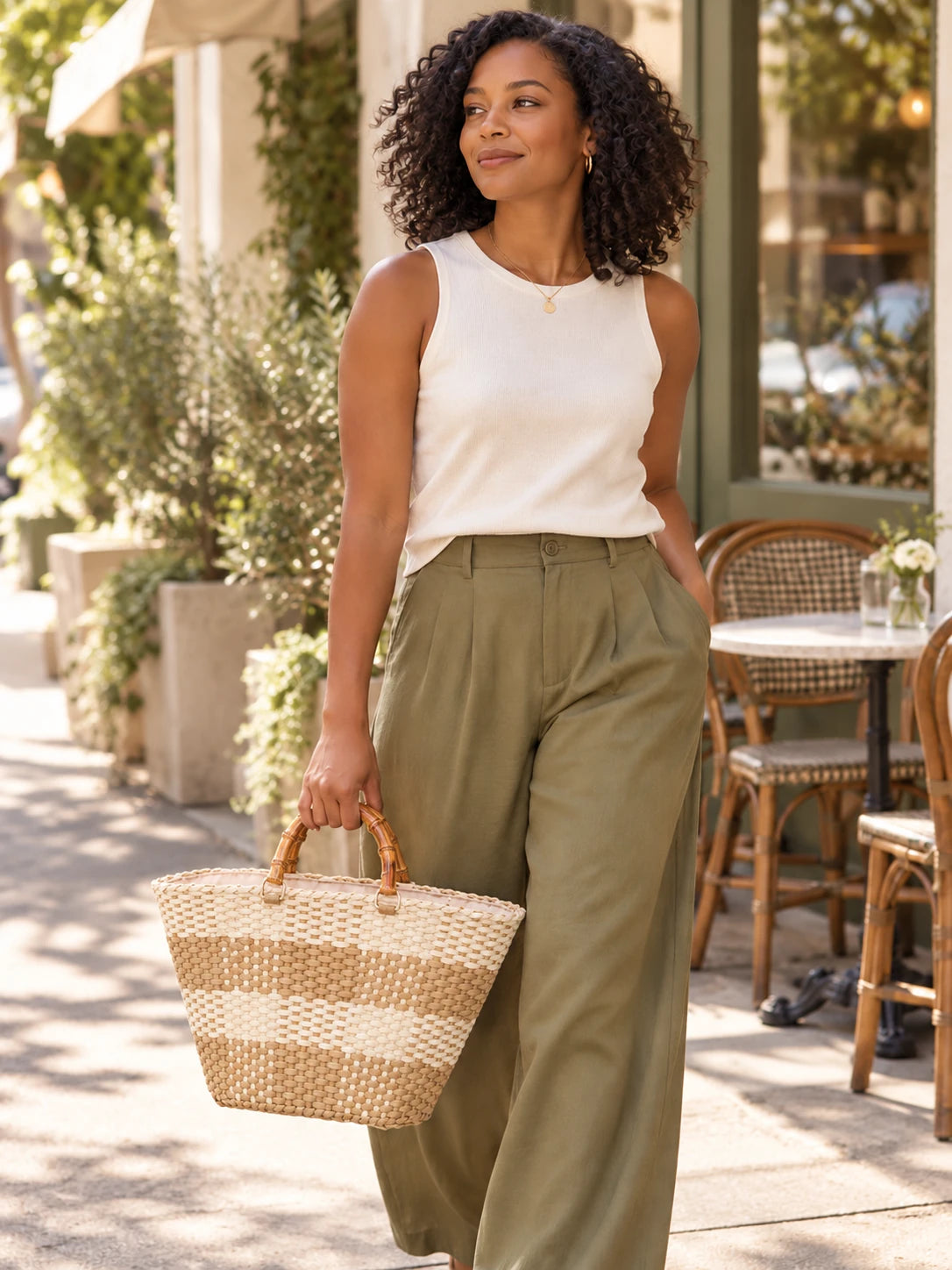 Woman holding the cream and tan Grid Woven Tote outside a cafe