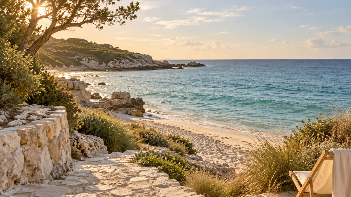 Stone steps leading to a sandy cove at sunset