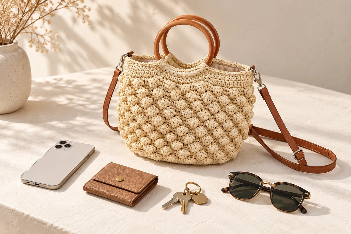 Wooden Handle Woven Bag beside a phone, wallet, keys and sunglasses