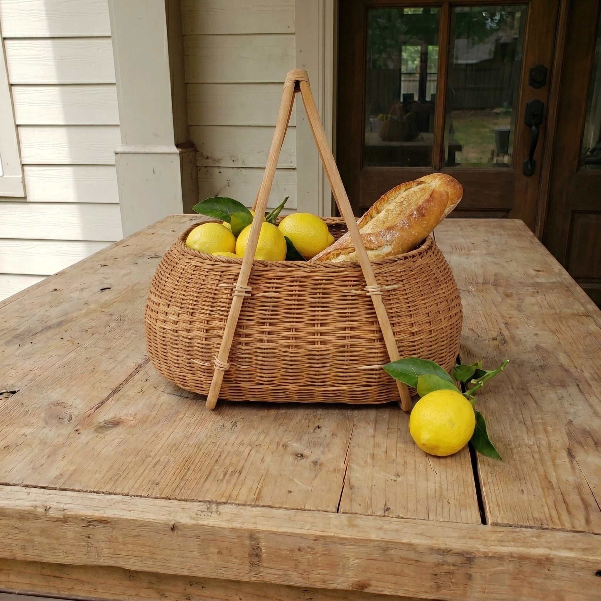 Rattan picnic basket holding a full French baguette on 
outdoor wood table with fresh lemons — size reference