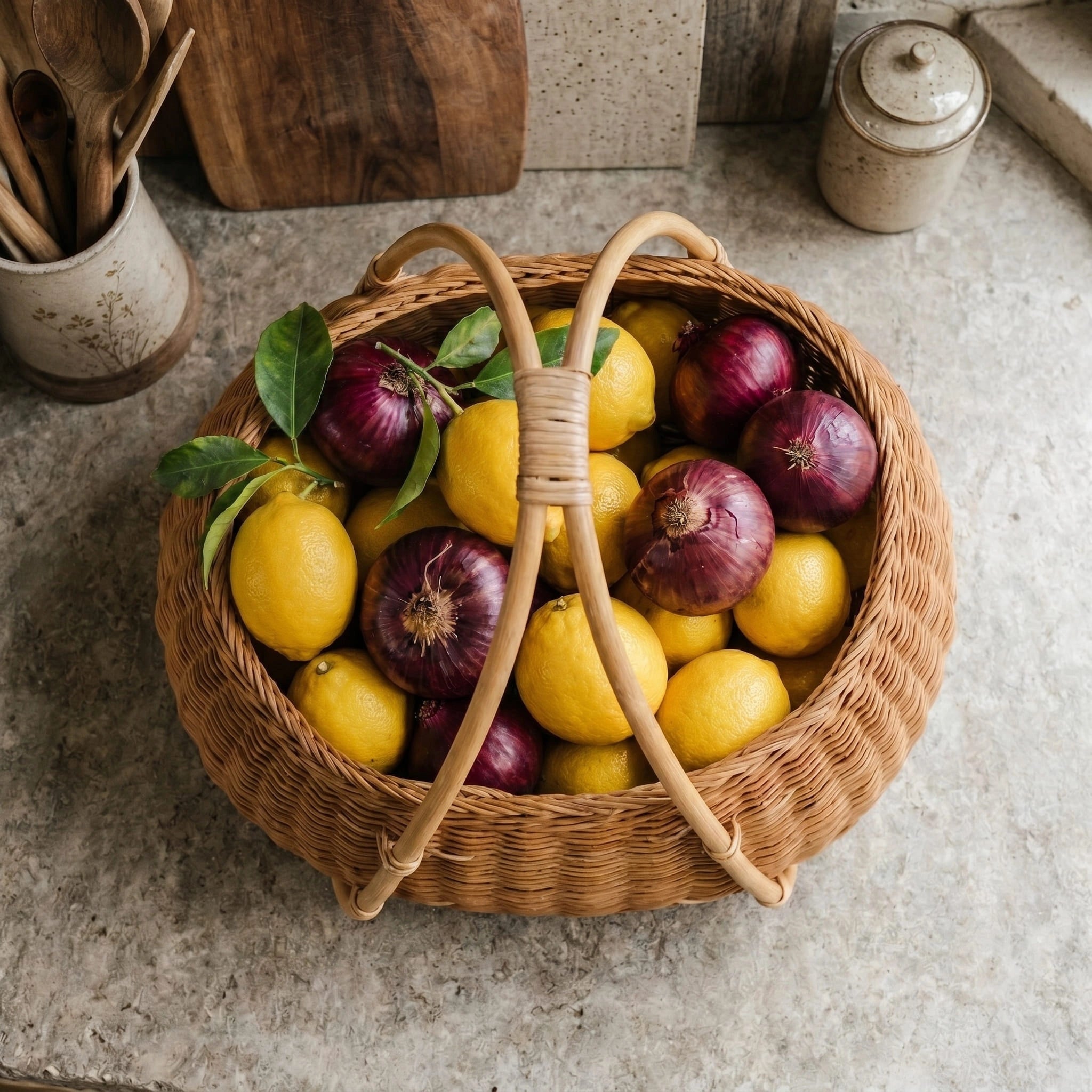 Top view of handwoven rattan basket filled with lemons 
and red onions showing generous 38cm capacity