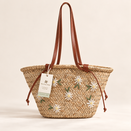 Floral Woven Tote in natural straw with a Solace & Straw hangtag