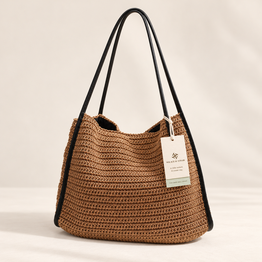 Everyday Woven Shoulder Bag in tan with a Solace & Straw hangtag