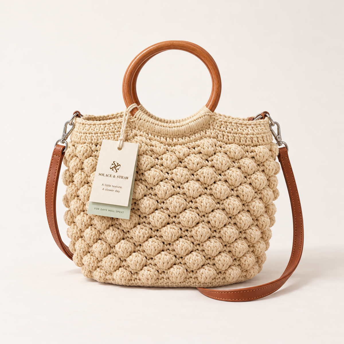 Wooden Handle Woven Bag in cream with a Solace & Straw hangtag