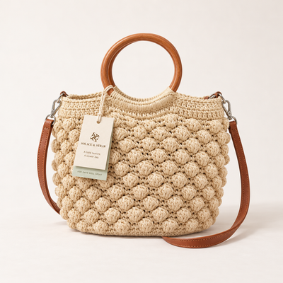 Wooden Handle Woven Bag in cream with a Solace & Straw hangtag