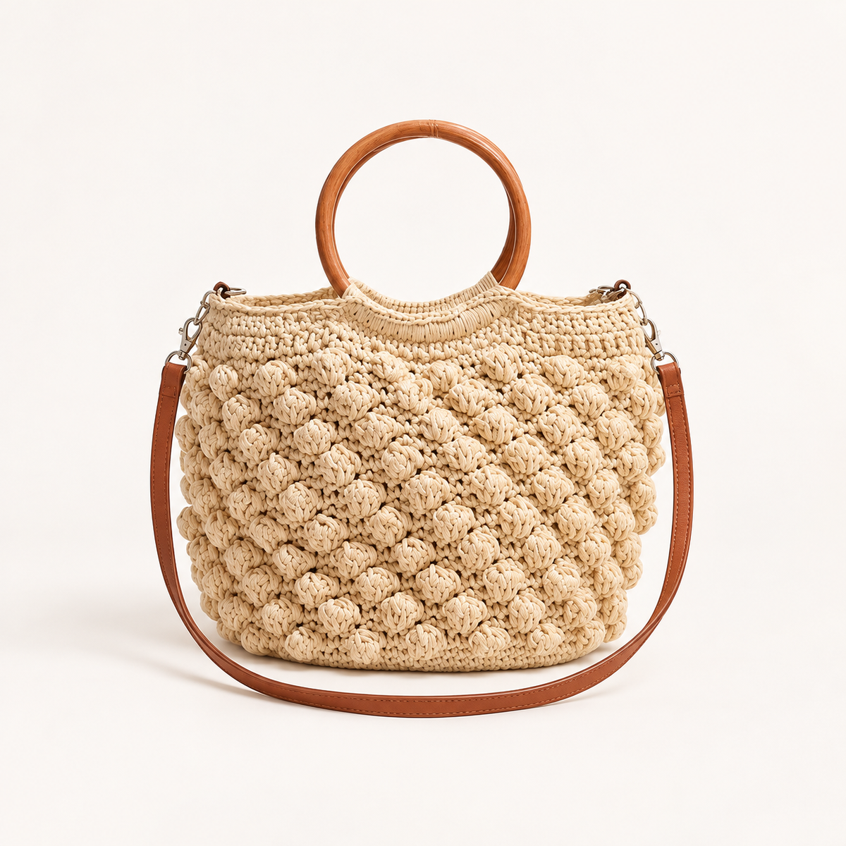 Wooden Handle Woven Bag in cream, front view with round wooden handles