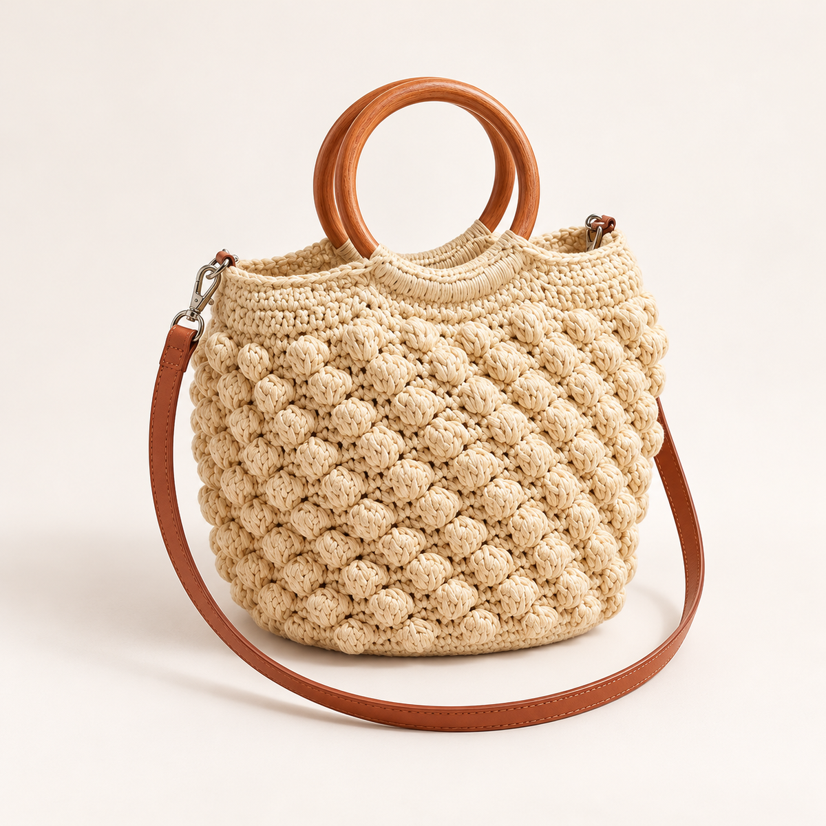 Wooden Handle Woven Bag, angled view showing round wooden handles