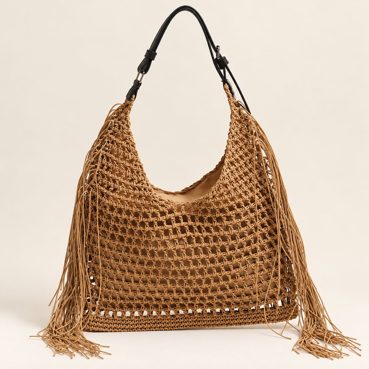 Tassel Woven Tote in brown, front view with open crochet and side fringe