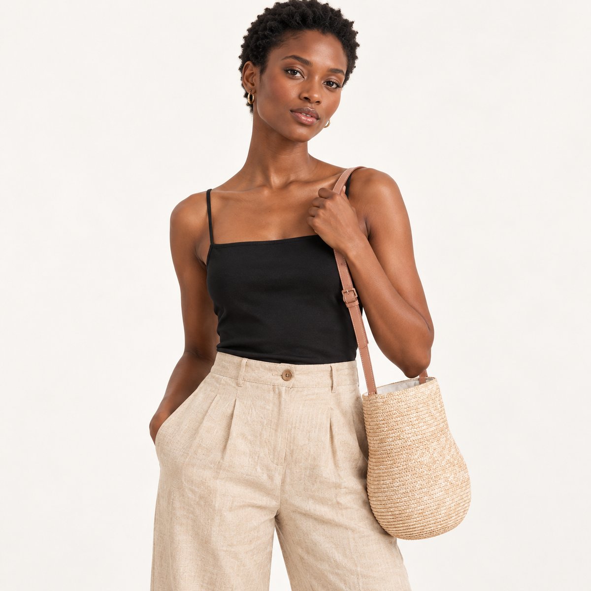 Woman carrying the Gourd Shape Shoulder Bag with a gourd-shaped body and slim shoulder strap