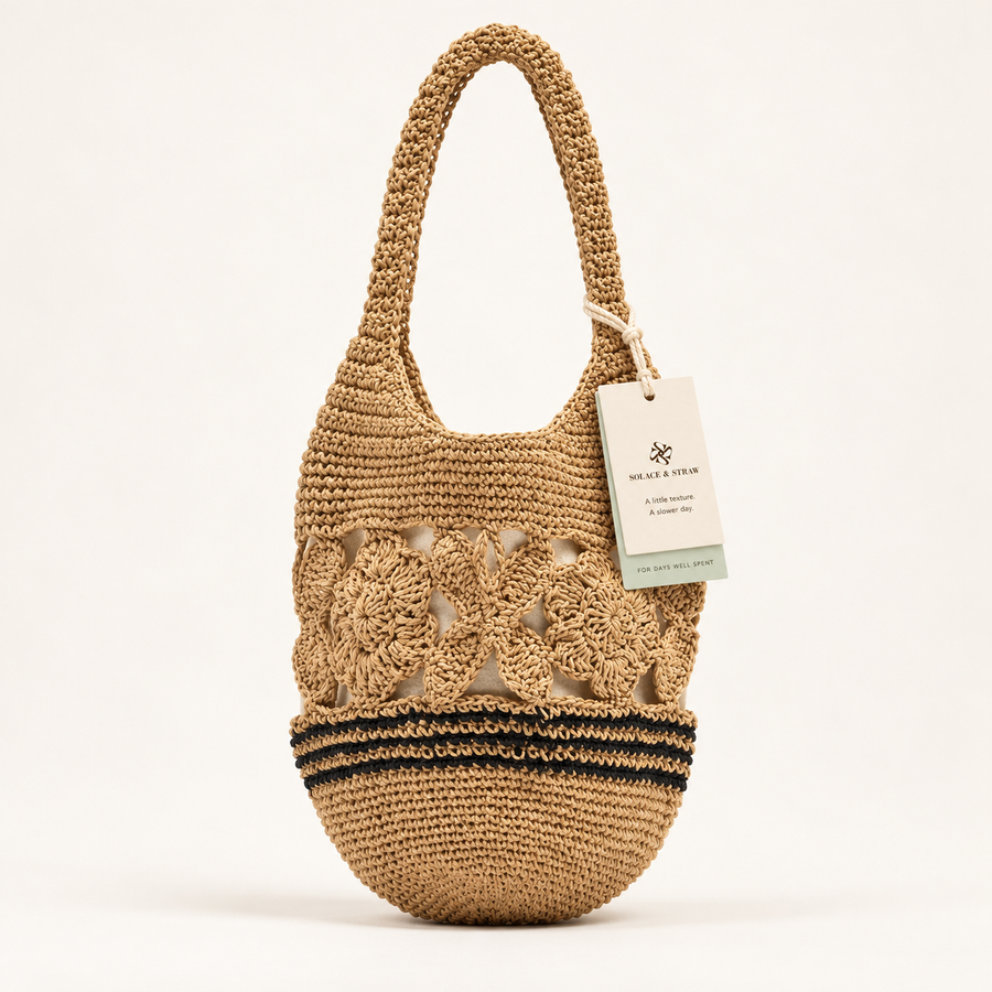 Floral Woven Bucket Bag in natural tan with a Solace & Straw hangtag