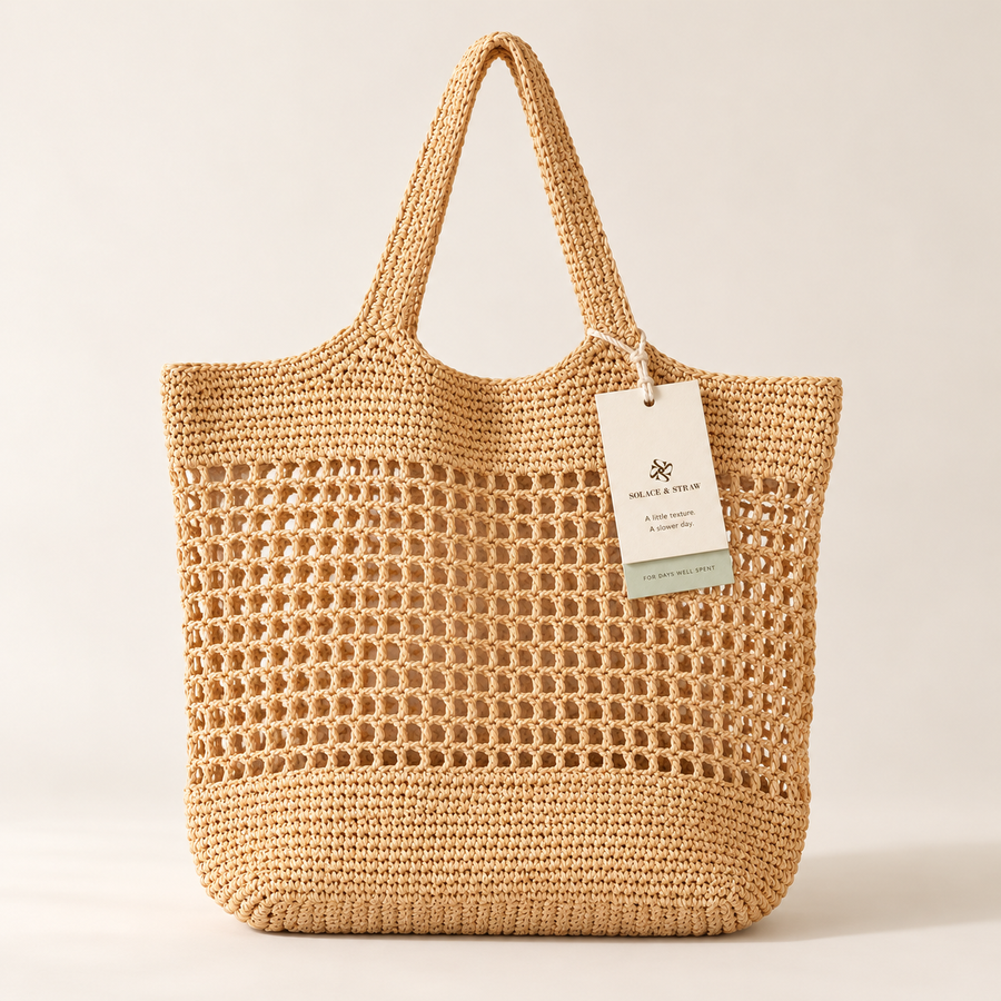 Open Weave Tote in natural tan with a Solace & Straw hangtag