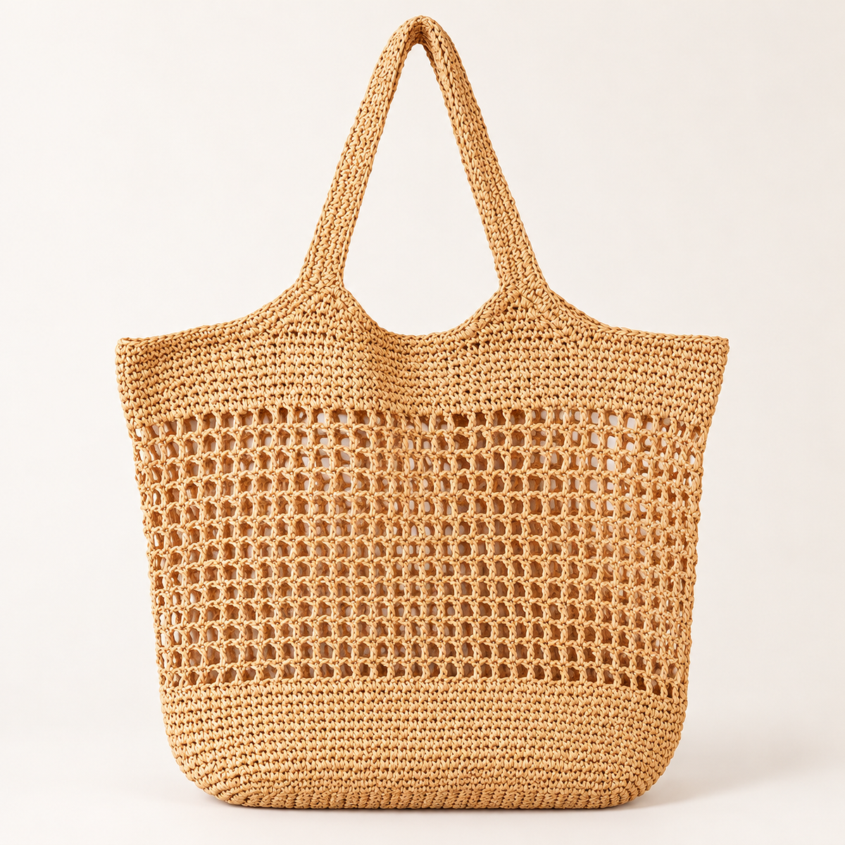 Open Weave Tote in natural tan, front view with a rectangular open mesh body