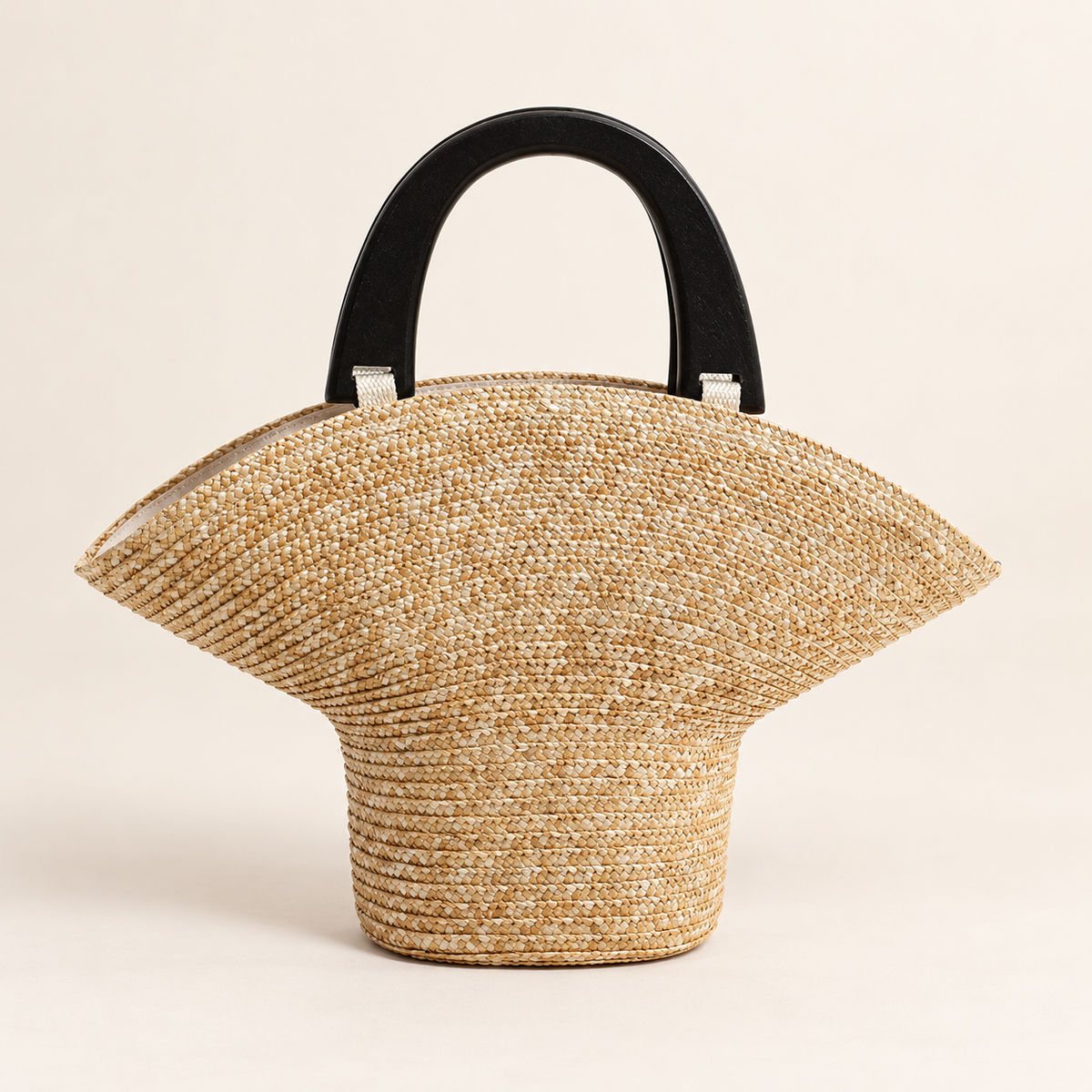 Wood Handle Barrel Bag in natural straw, front view with black U-shaped handles