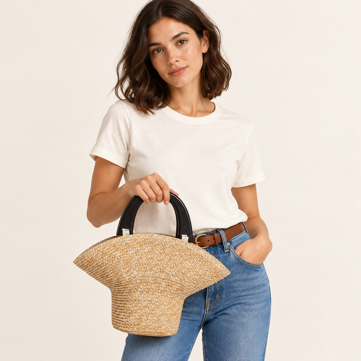 Woman carrying the Wood Handle Barrel Bag with black U-shaped handles