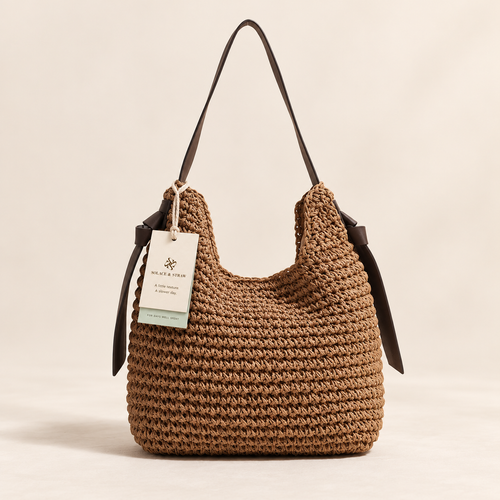 Tassel Cylinder Bag in brown with a Solace & Straw hangtag