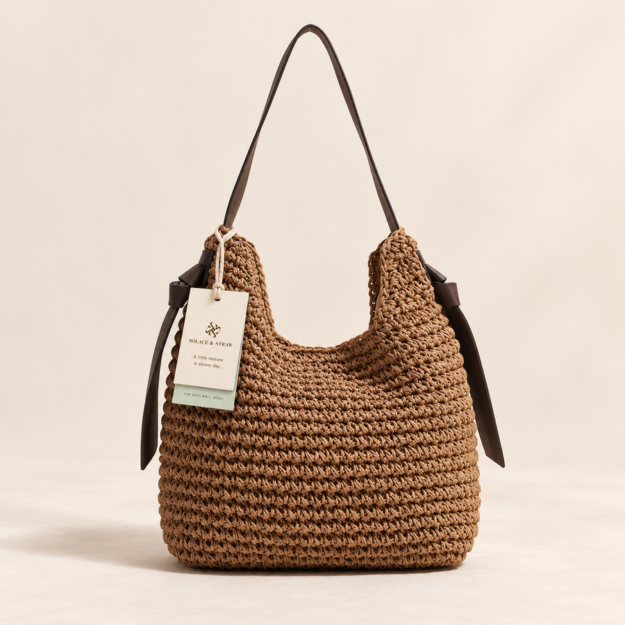 Tassel Cylinder Bag in brown with a Solace & Straw hangtag