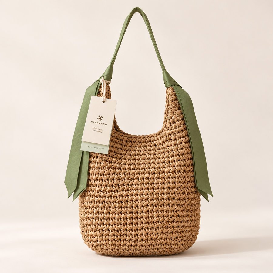 Ribbon Woven Shoulder Bag in natural tan with a Solace & Straw hangtag