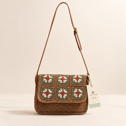 Floral Woven Crossbody in brown with a Solace & Straw hangtag