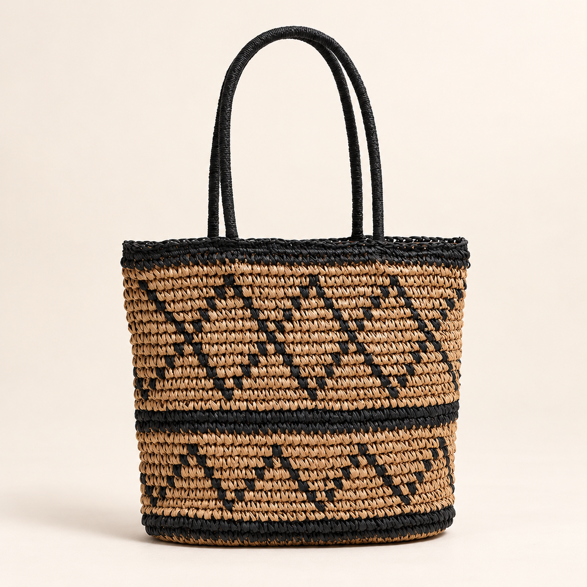 Diamond Weave Shoulder Bag in tan and black, front view with a diamond pattern and black handles