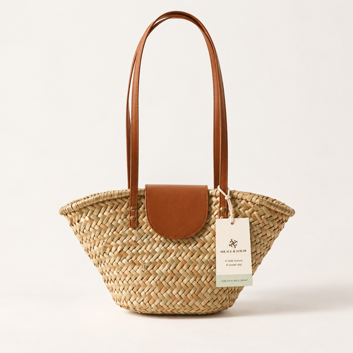 Shell Shape Shoulder Bag in natural tan with a Solace & Straw hangtag