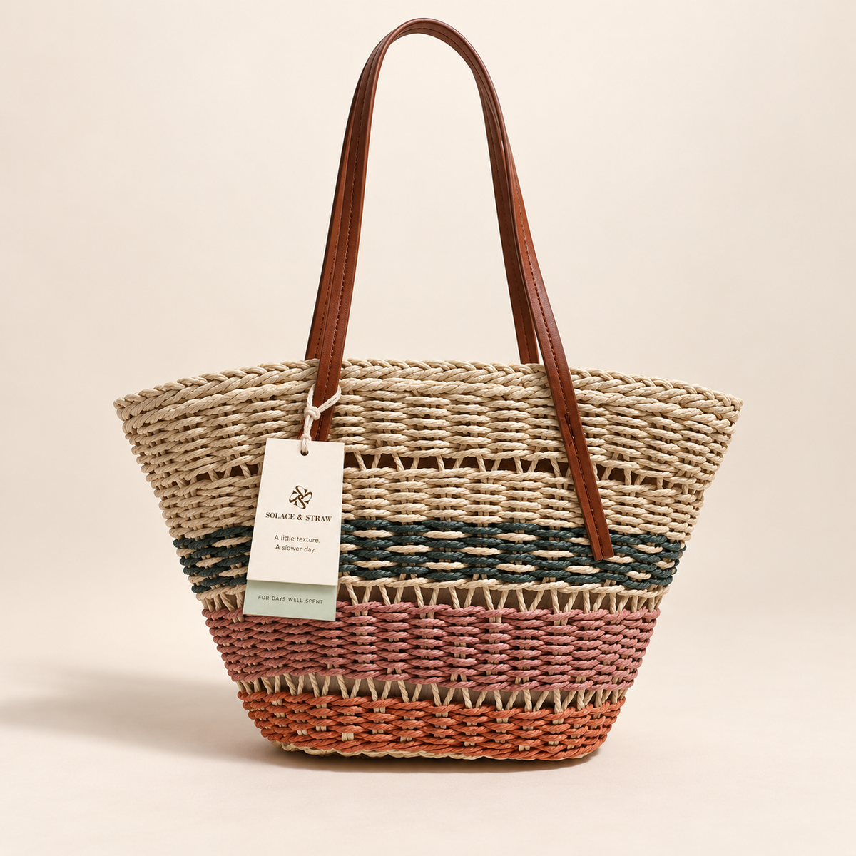 Color Block Basket Tote in natural straw with a Solace & Straw hangtag