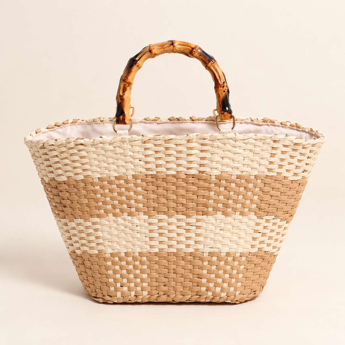 Grid Woven Tote in cream and tan, front view with curved bamboo-style handles