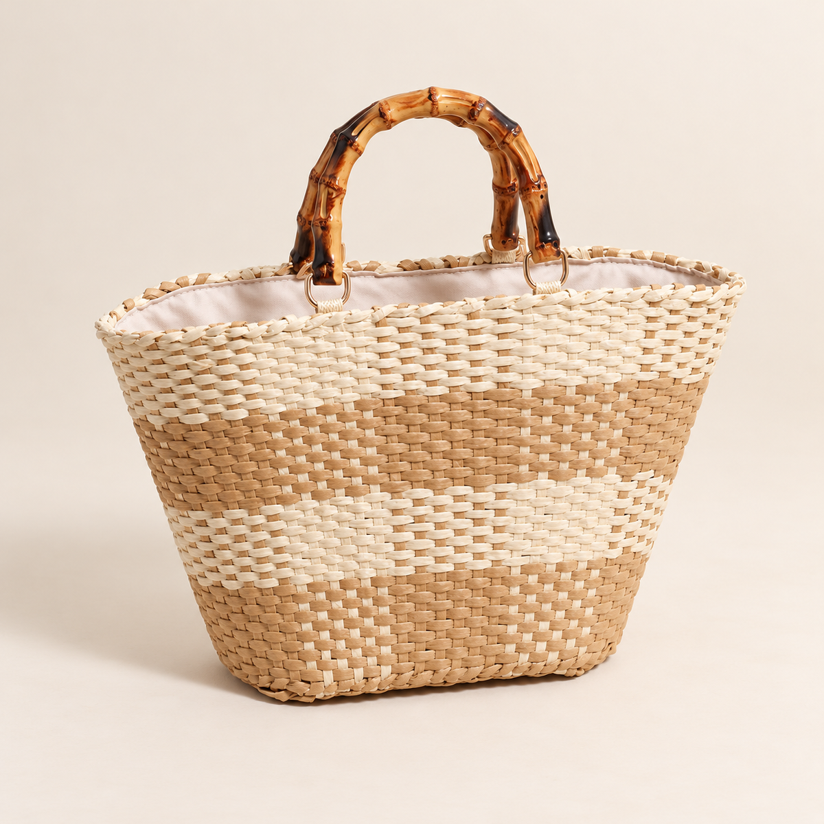 Grid Woven Tote, angled view showing curved bamboo-style handles