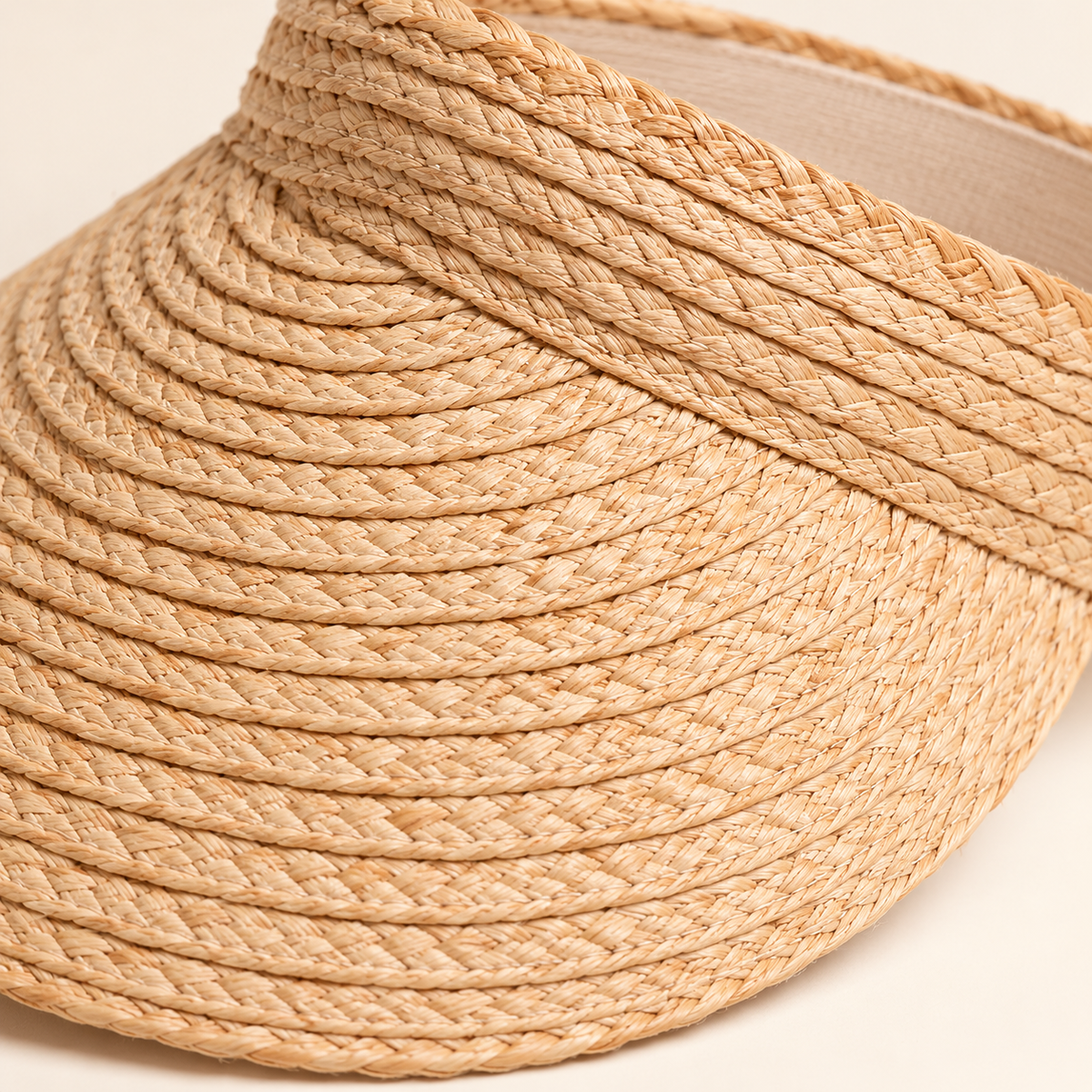 Open Top Straw Visor, close-up of the braided brim and inner band