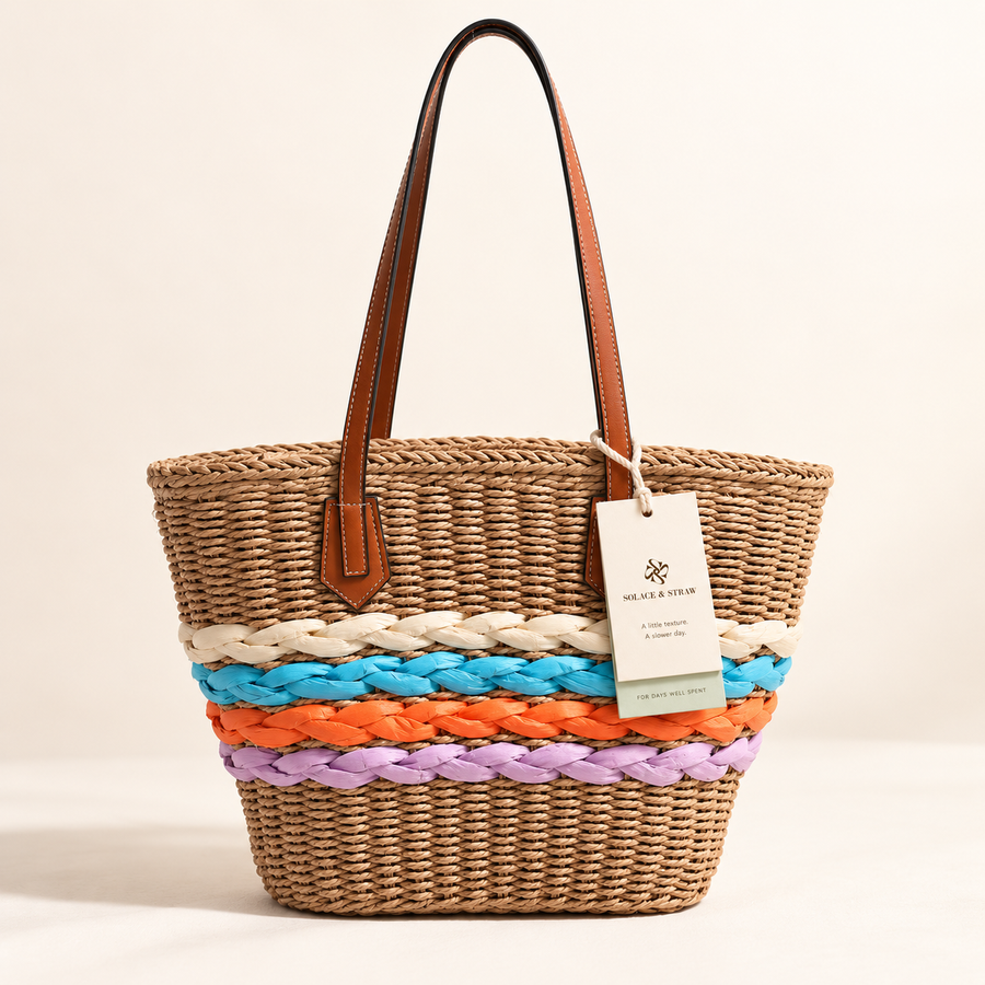 Rainbow Stripe Shoulder Bag in brown with a Solace & Straw hangtag