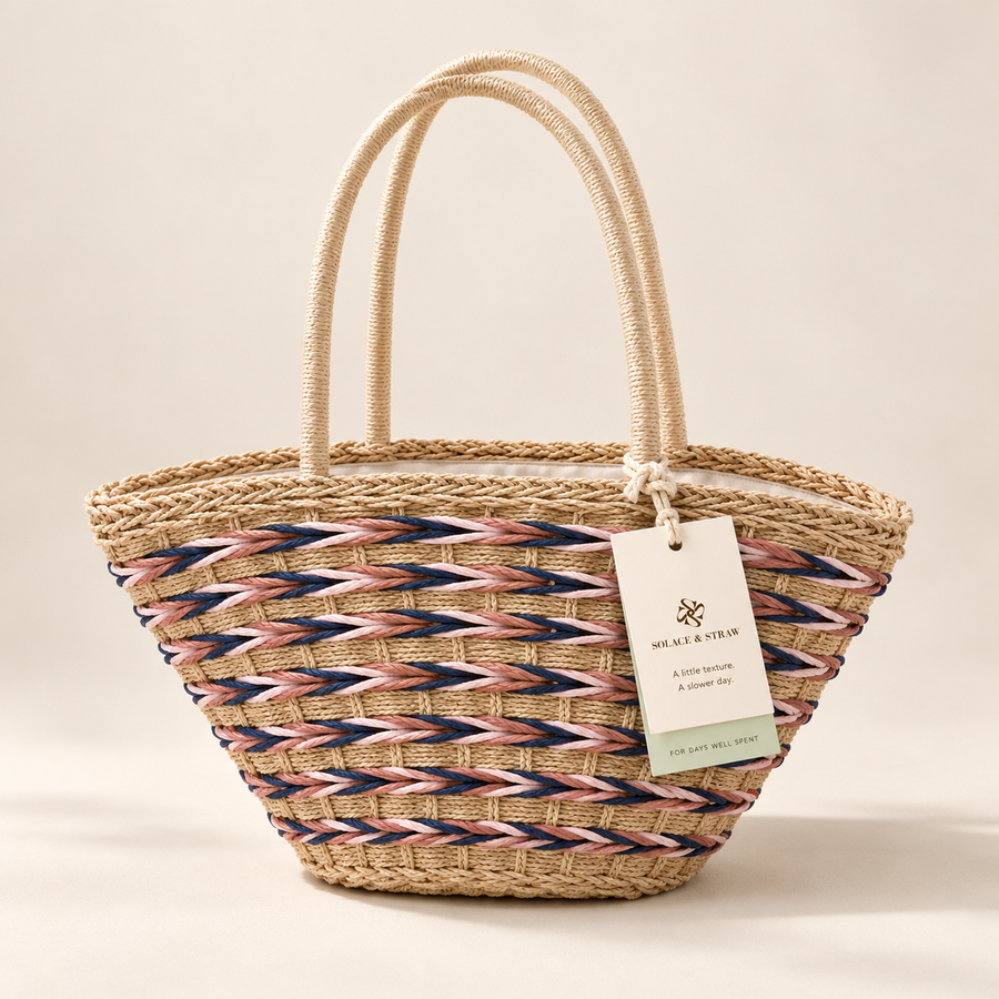 Forest Woven Shoulder Bag in beige with a Solace & Straw hangtag