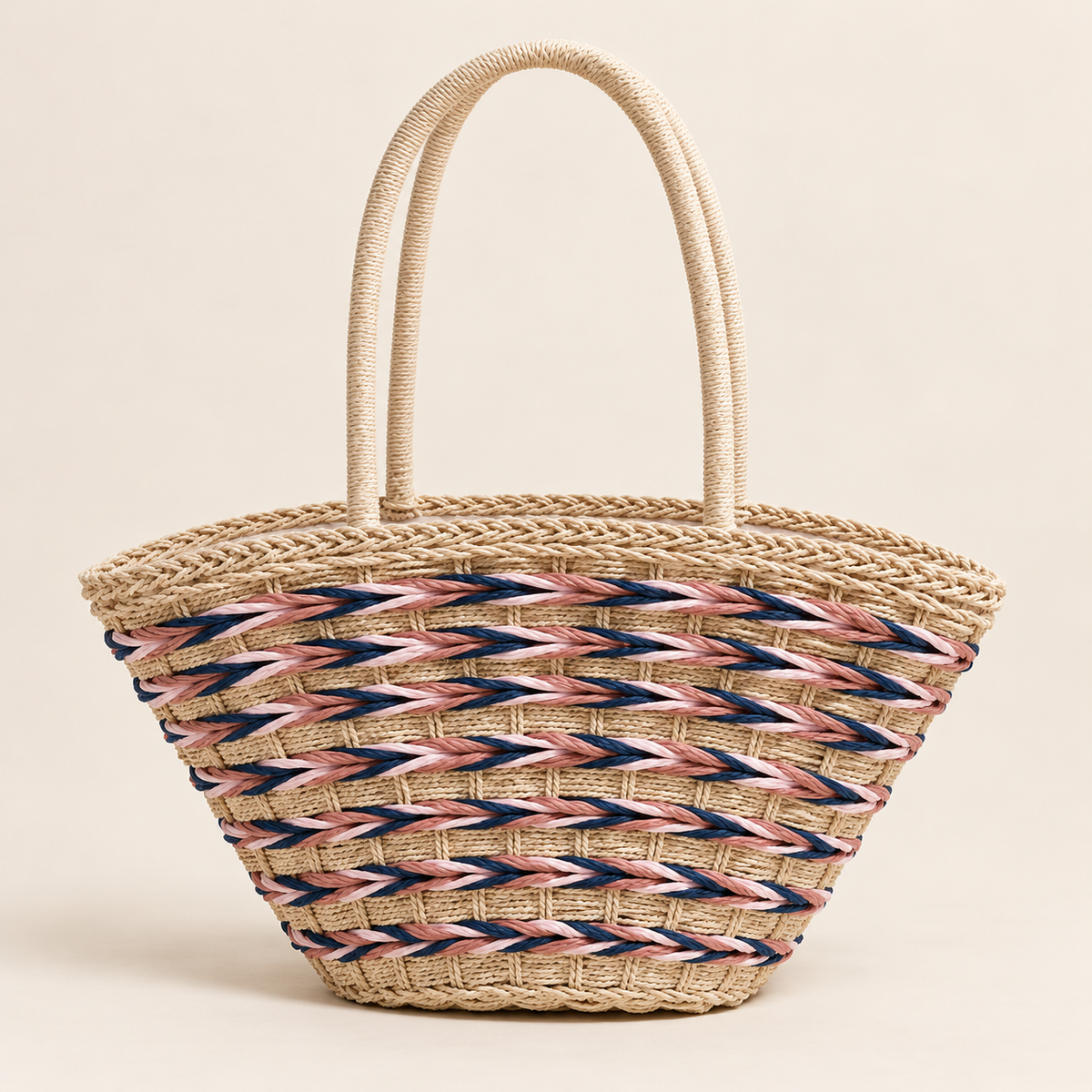 Forest Woven Shoulder Bag in beige, front view with pink and navy rope bands