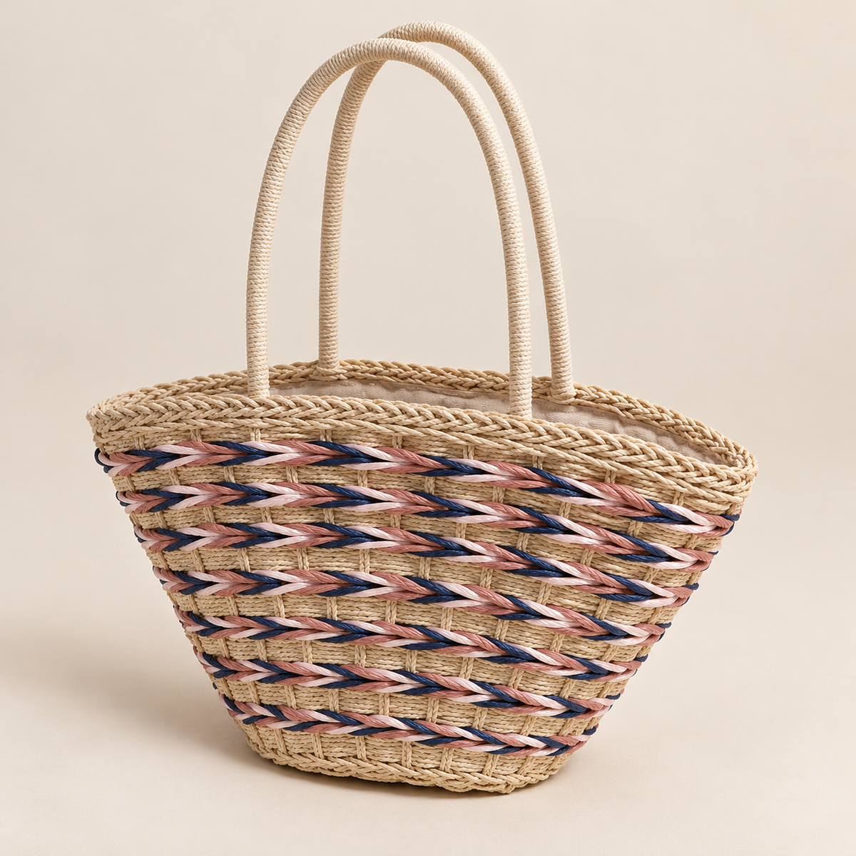 Forest Woven Shoulder Bag, angled view showing pink and navy rope bands