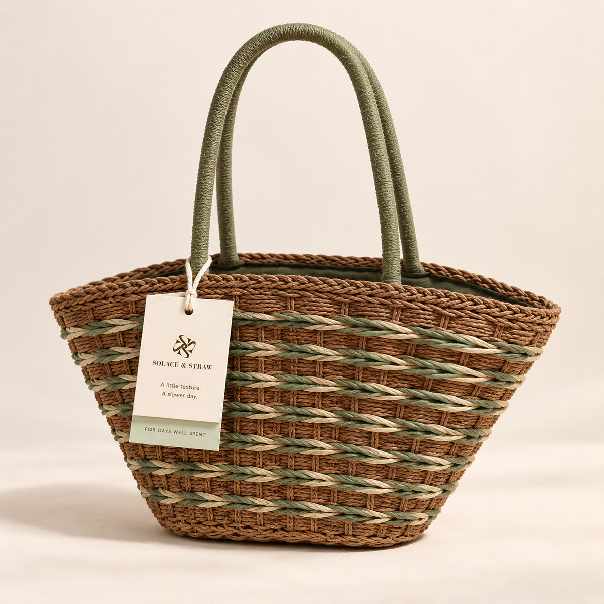 Forest Woven Shoulder Bag with green handles and green rope bands, front view with a Solace & Straw hangtag