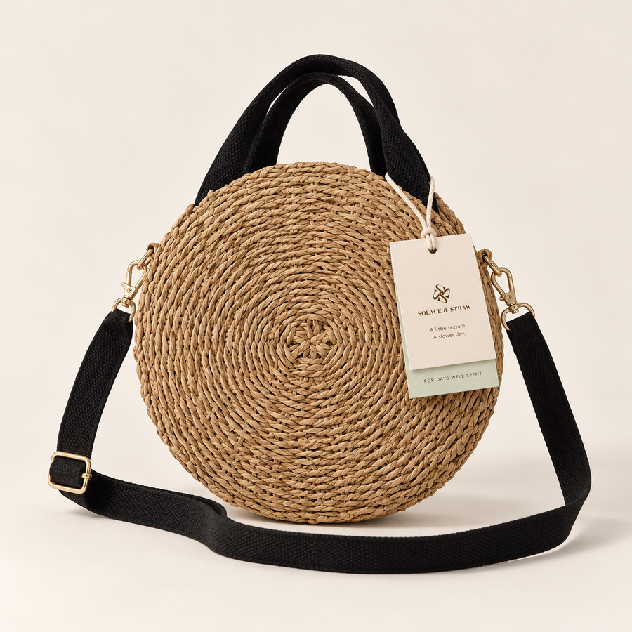 Round Woven Crossbody in natural tan with a Solace & Straw hangtag