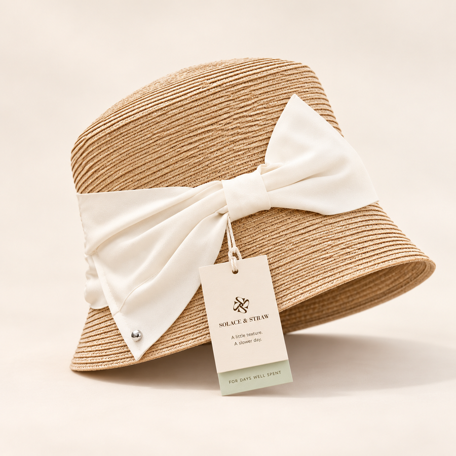 Bow Straw Hat in natural straw with a Solace & Straw hangtag