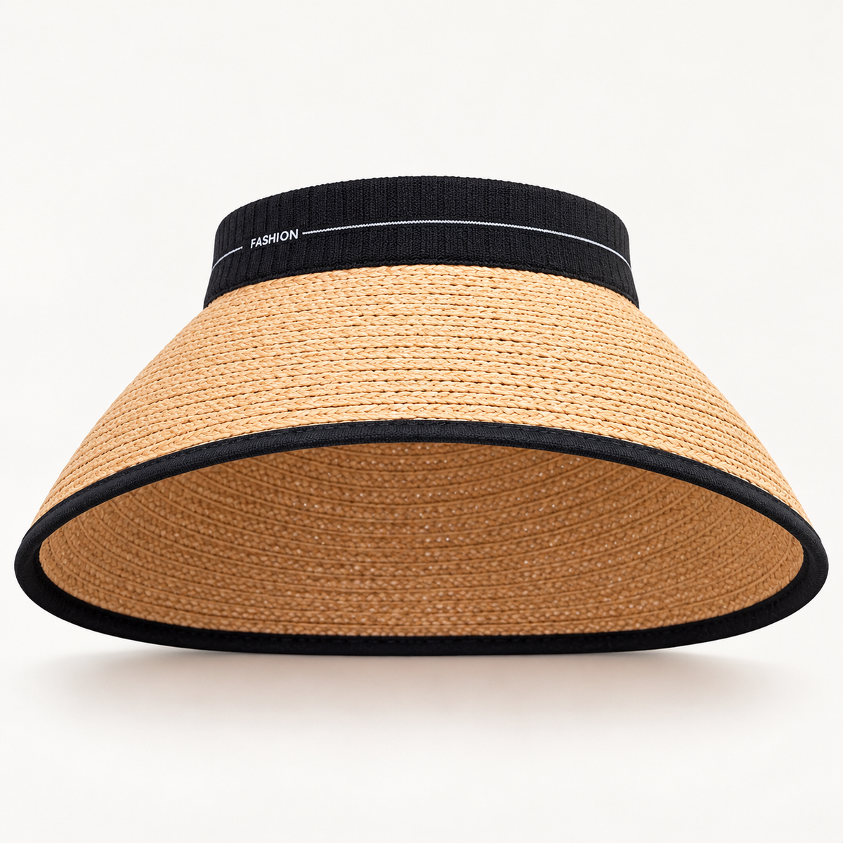 Wide Brim Straw Visor in natural tan, front view with an open top and black FASHION band