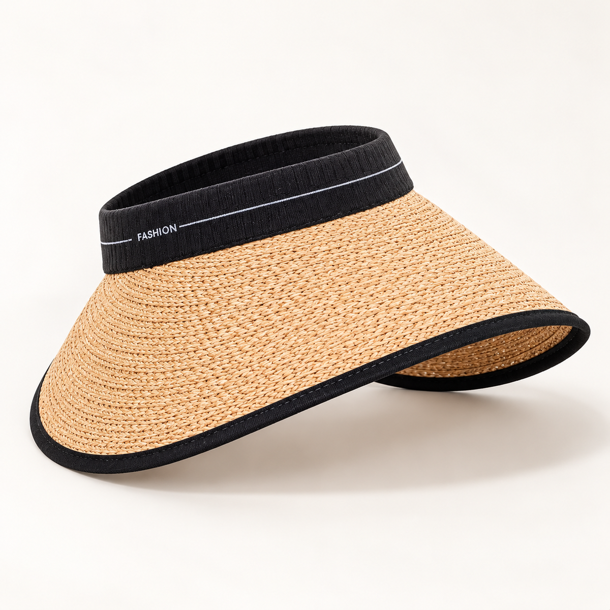 Wide Brim Straw Visor, angled view showing an open top and black FASHION band