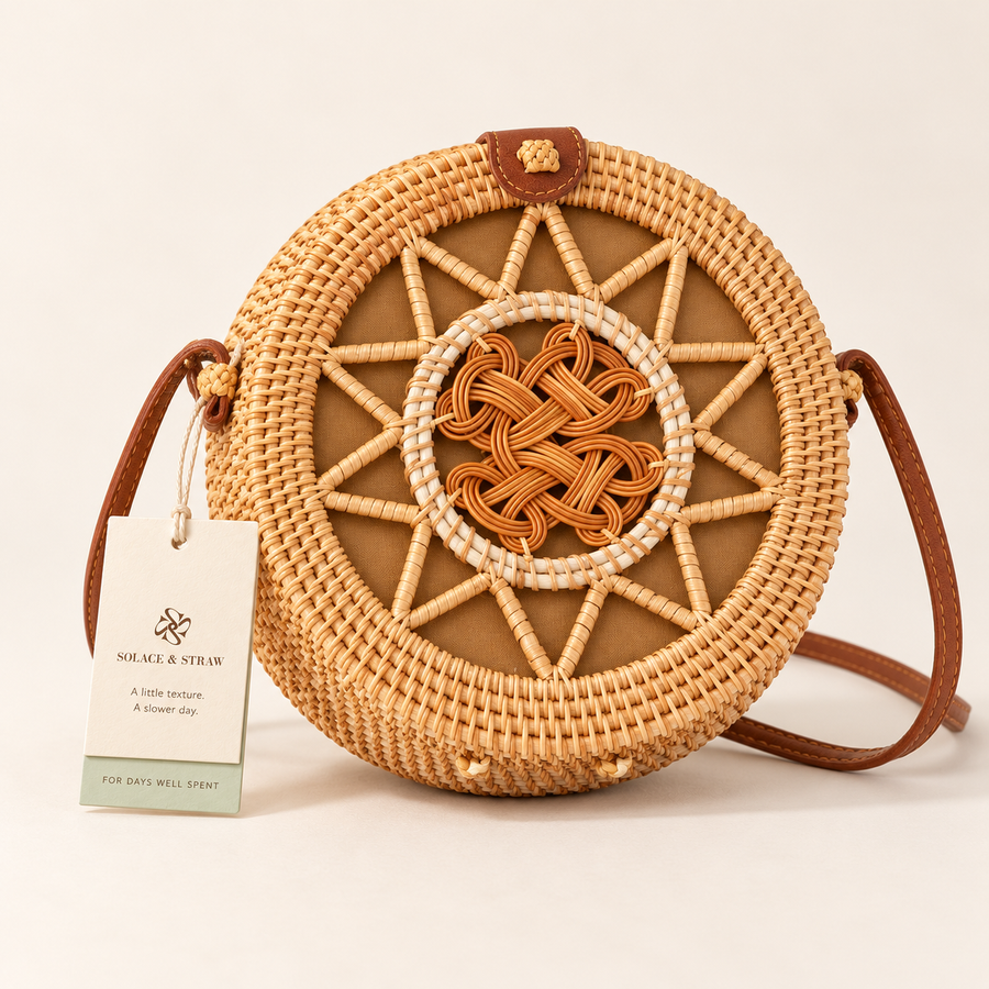 Round Rattan Crossbody in honey tan with a Solace & Straw hangtag