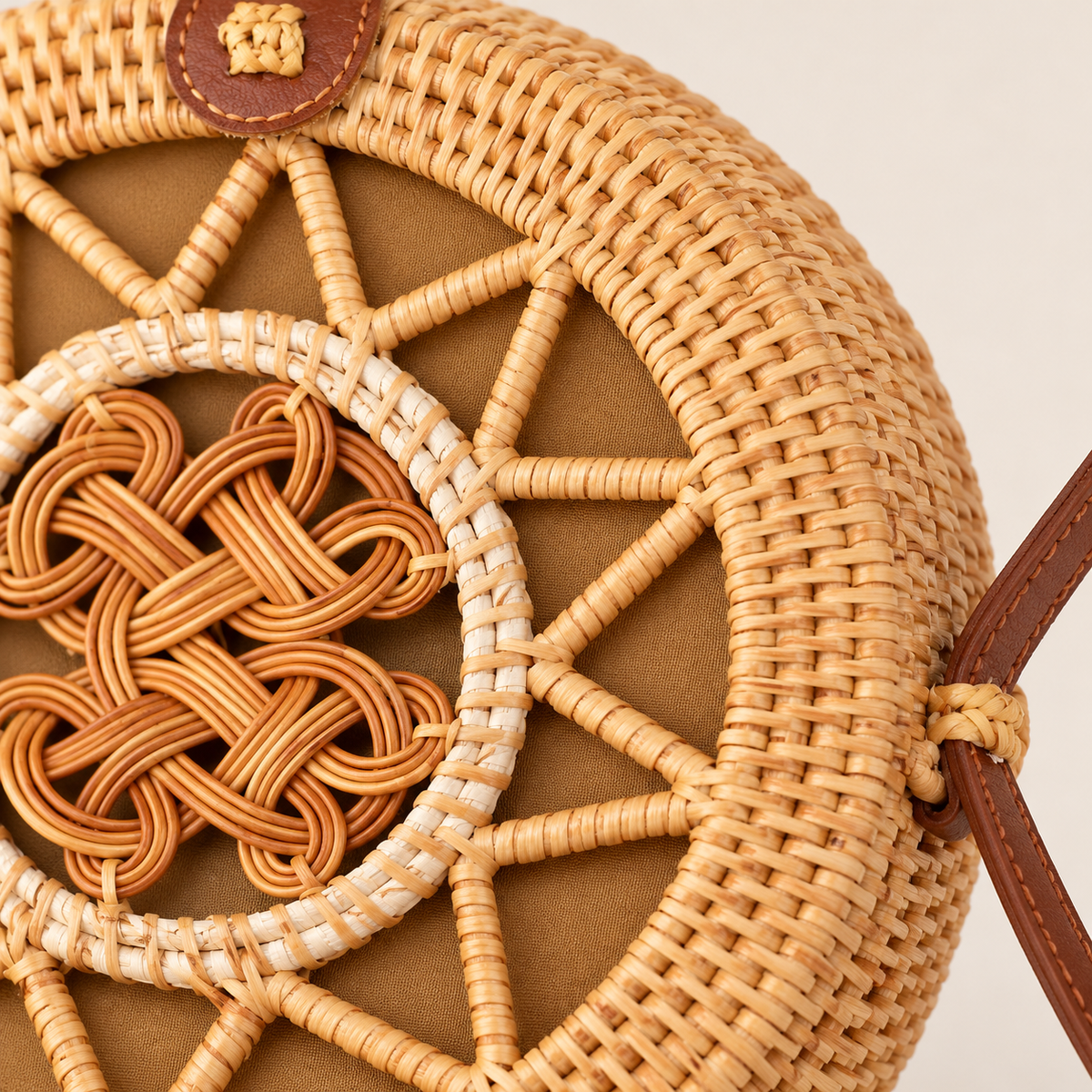 Round Rattan Crossbody, close-up of the rattan spokes and central woven knot