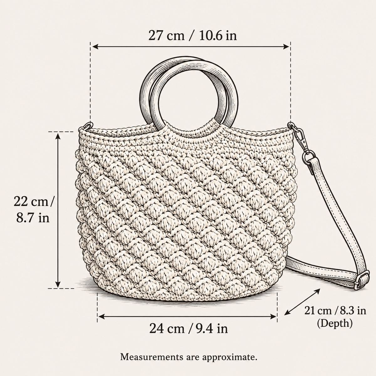 Wooden Handle Woven Bag, hand-drawn size guide with measurements in centimeters and inches